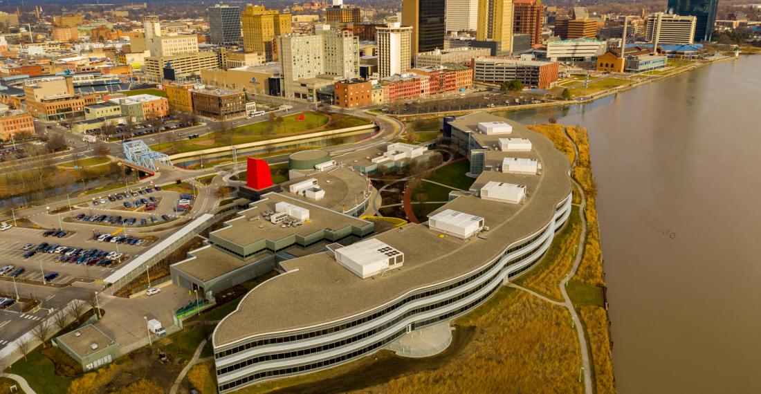 Bird's-eye view of waterfront area of city.